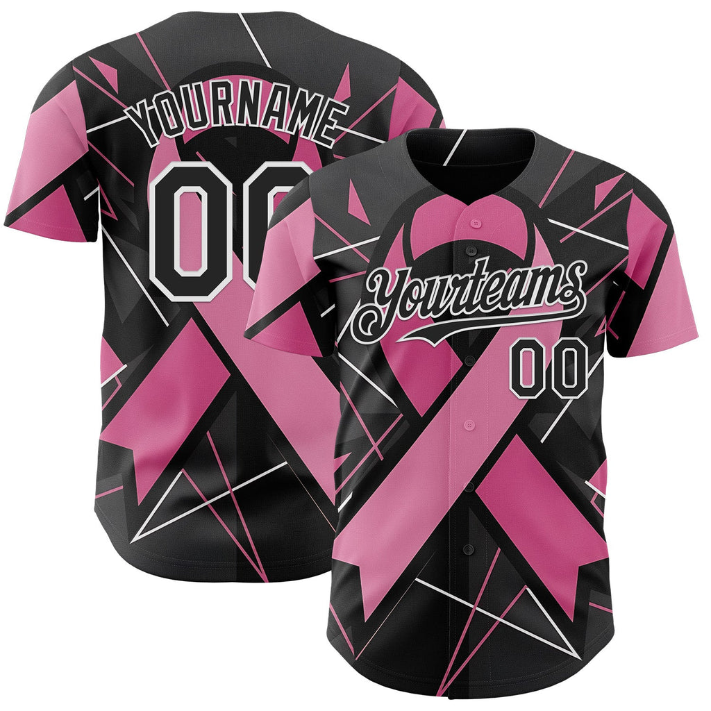 Custom Black Pink-White Breast Cancer Awareness Fight Pink Ribbon Authentic Baseball Jersey