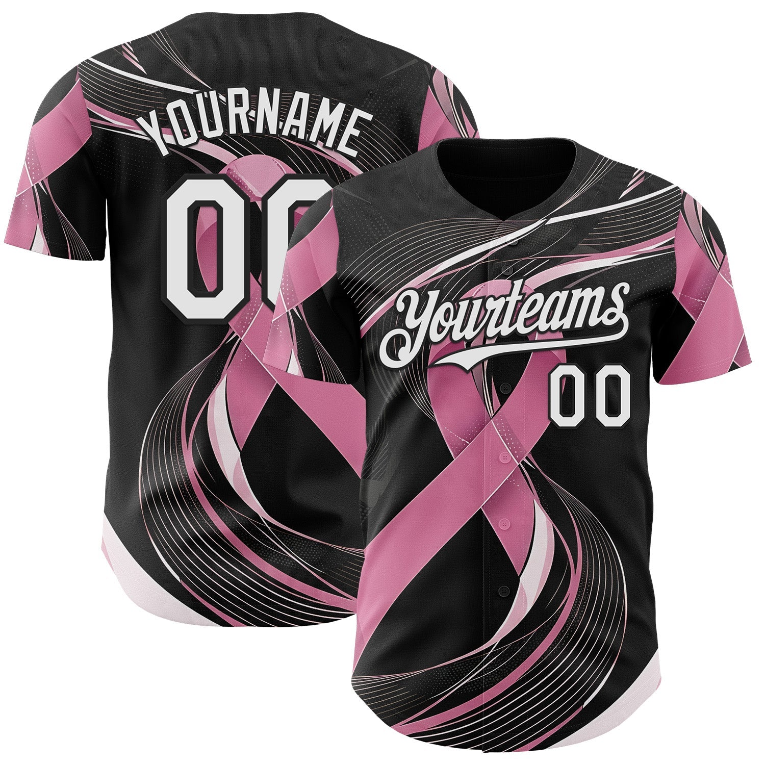 Custom Black White-Pink Breast Cancer Awareness Fight Pink Ribbon Wave Authentic Baseball Jersey