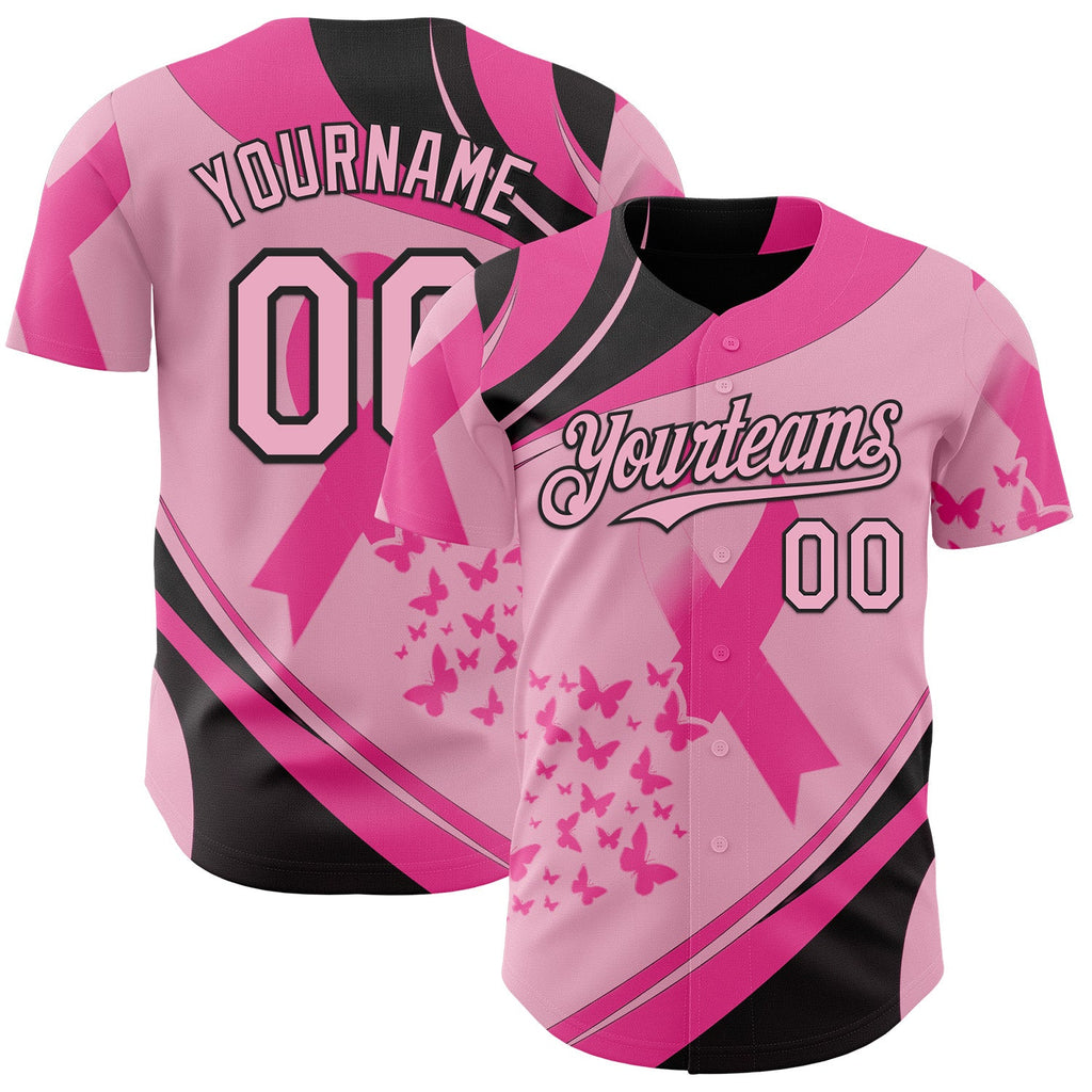 Custom Light Pink-Black Breast Cancer Awareness Pink Ribbon Butterfly Authentic Baseball Jersey