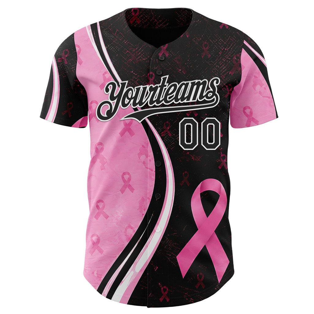 Custom Black Pink-White Breast Cancer Awareness Pink Ribbon Authentic Baseball Jersey