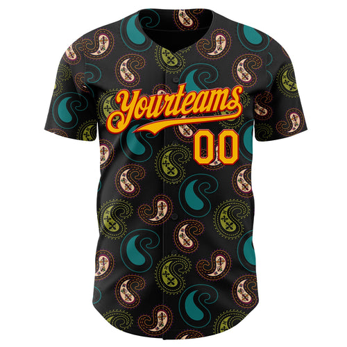 Custom Black Gold Green-Red Burning Man Paisley Bandana Rave Authentic Baseball Jersey