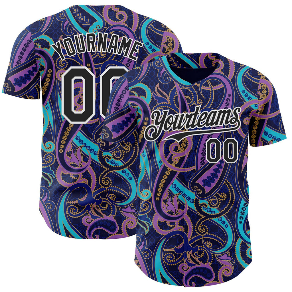 Custom Navy Black Purple Blue-White Burning Man Paisley Bandana Rave Authentic Baseball Jersey