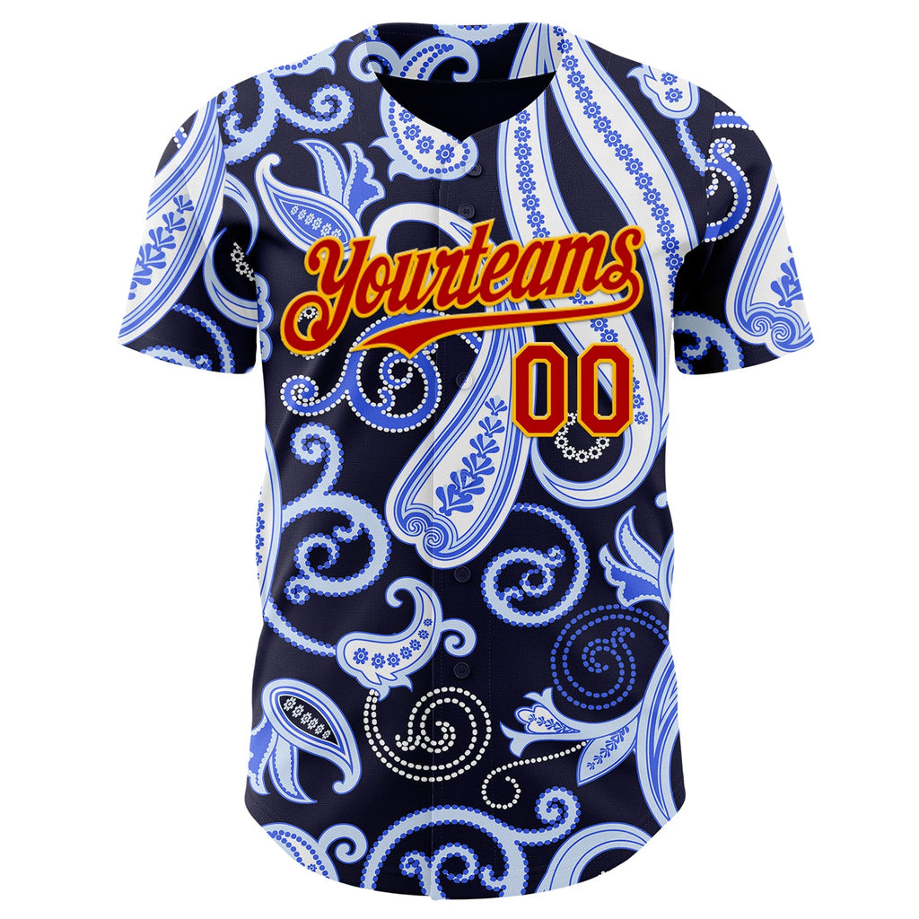 Custom Navy Red Blue-Gold Burning Man Paisley Bandana Rave Authentic Baseball Jersey