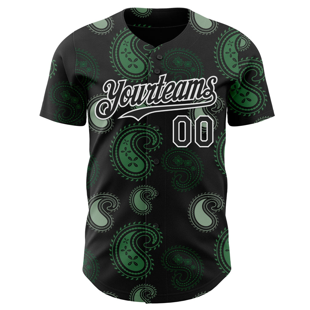 Custom Black Green-White Burning Man Paisley Bandana Rave Authentic Baseball Jersey