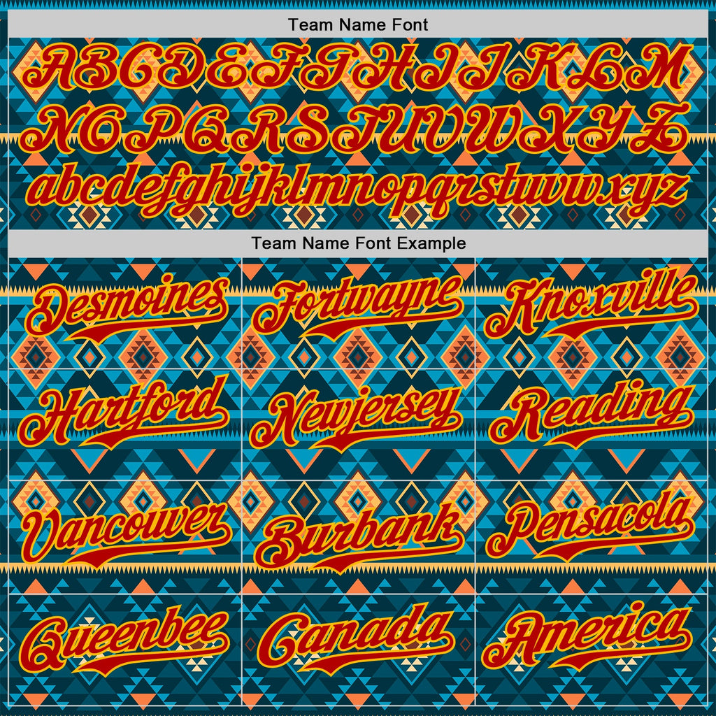 Custom Blue Red-Gold Burning Man Aztec Tribal Geometric Authentic Baseball Jersey