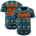 Custom Blue Red-Gold Burning Man Aztec Tribal Geometric Authentic Baseball Jersey