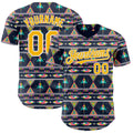 Custom Navy Gold Pink Green-White Boho Style Geometri Tribal Authentic Baseball Jersey