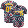 Custom Navy Gold Red Green-White Burning Man Aztec Tribal Geometric Authentic Baseball Jersey