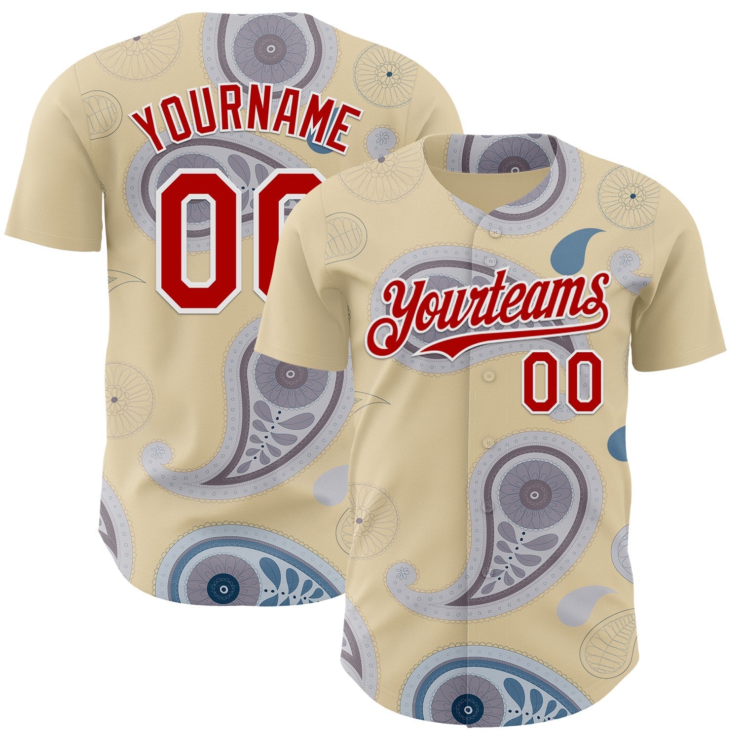 Custom Cream Red Gray-White Burning Man Paisley Bandana Rave Authentic Baseball Jersey