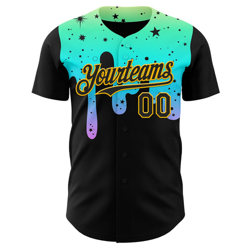 Custom Black Green-Gold Psychedelic Starry Melting Dripping Authentic Baseball Jersey