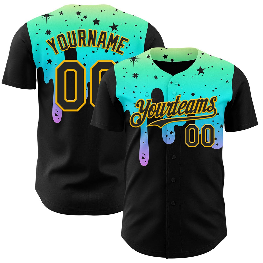 Custom Black Green-Gold Psychedelic Starry Melting Dripping Authentic Baseball Jersey