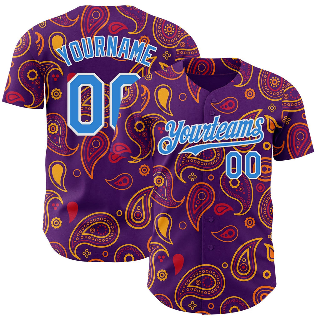 Custom Purple Electric Blue-White Burning Man Paisley Bandana Rave Authentic Baseball Jersey
