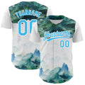 Custom White Sky Blue 3D Pattern Design Mountains Landscape Authentic Baseball Jersey
