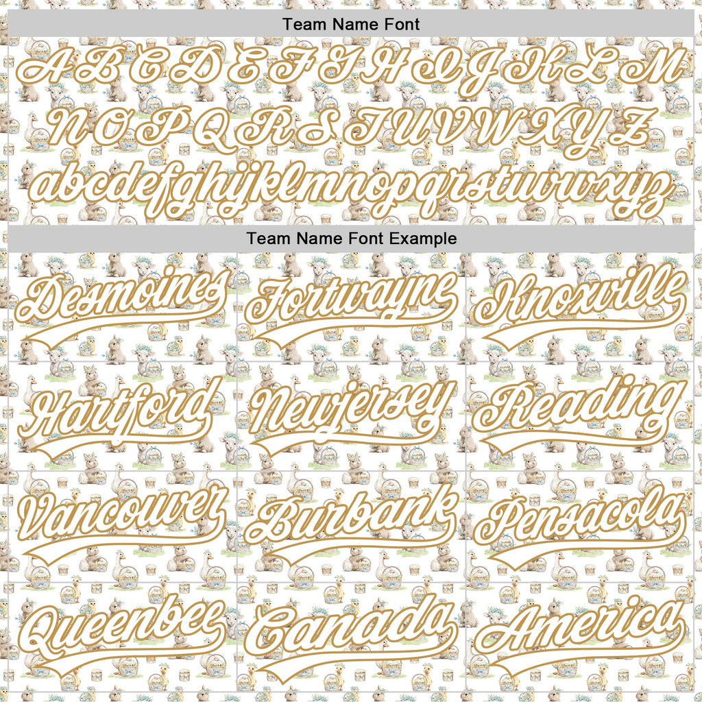 Custom White Old Gold 3D Pattern Design Animal Rabbit Sheep Chicken And Duck Authentic Baseball Jersey