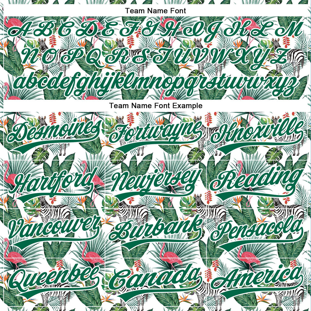 Custom White Kelly Green 3D Pattern Design Animal Zebra Flamingo And Hawaii Palm Leaves Authentic Baseball Jersey