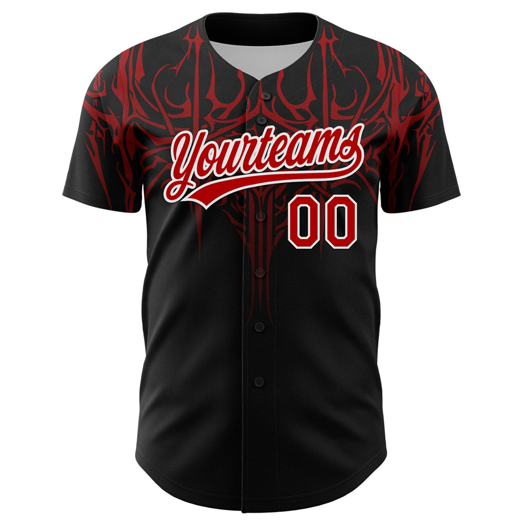 Custom Black Red-White 3D Pattern Design Gothic Style Authentic Baseball Jersey