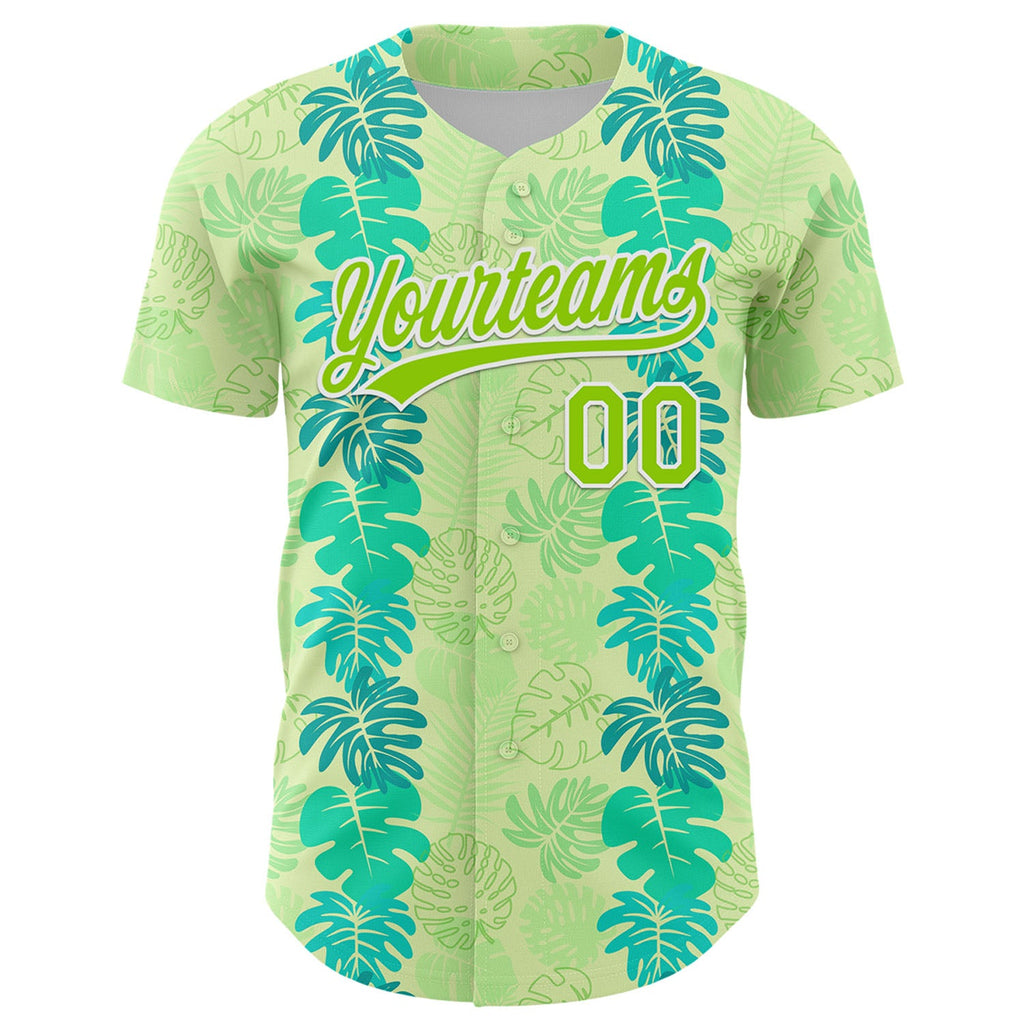 Custom Pea Green Neon Green-White 3D Tropical Hawaii Jungle Leaves Authentic Baseball Jersey