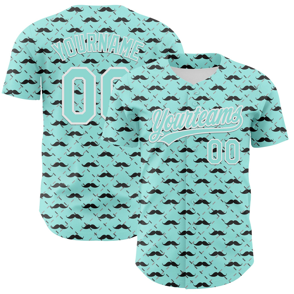Custom Ice Blue White 3D Pattern Design Father's Day Mustache Authentic Baseball Jersey