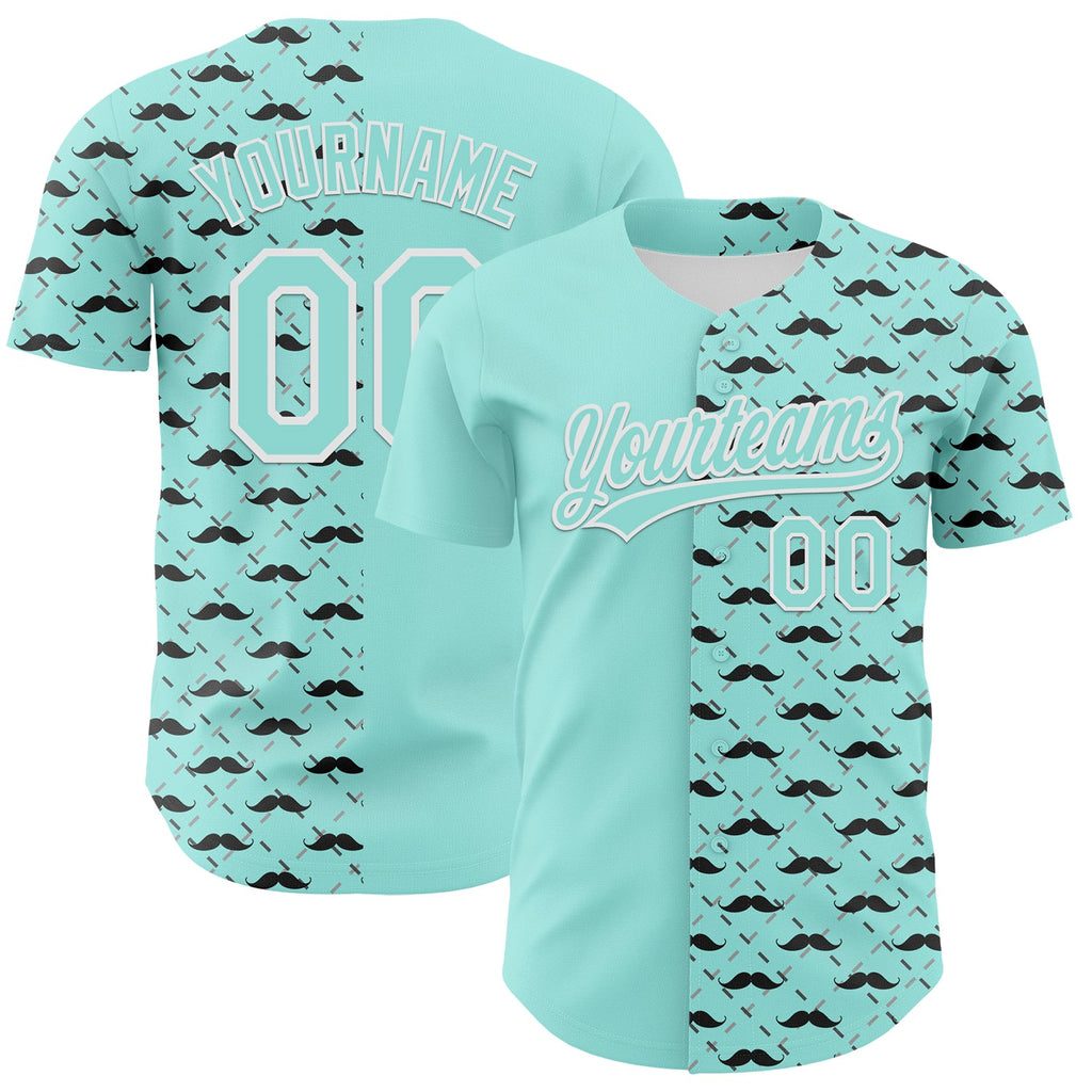 Custom Ice Blue White 3D Pattern Design Father's Day Mustache Authentic Baseball Jersey