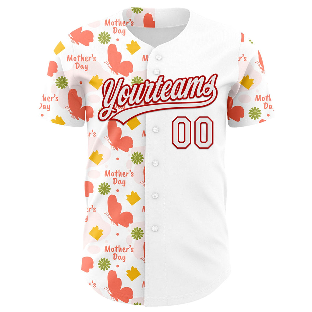 Custom White Red 3D Pattern Design Mother's Day Love Authentic Baseball Jersey
