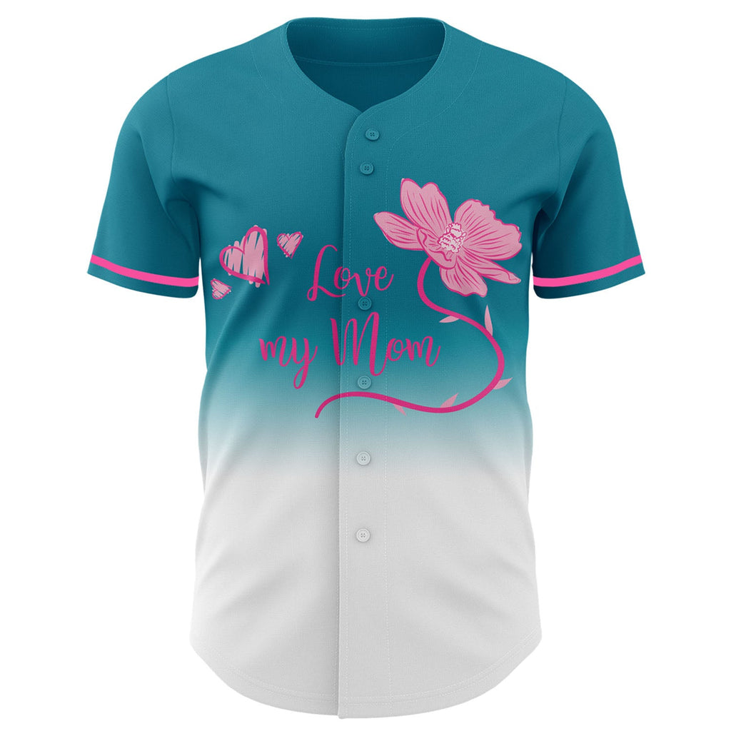 Custom Teal White-Pink 3D Pattern Design Gradient Mother's Day Love And Flower Authentic Baseball Jersey