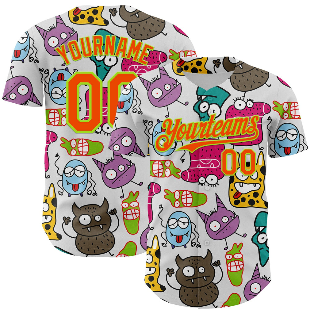 Custom White Orange-Neon Green 3D Pattern Design Funny Cartoon Monster Authentic Baseball Jersey