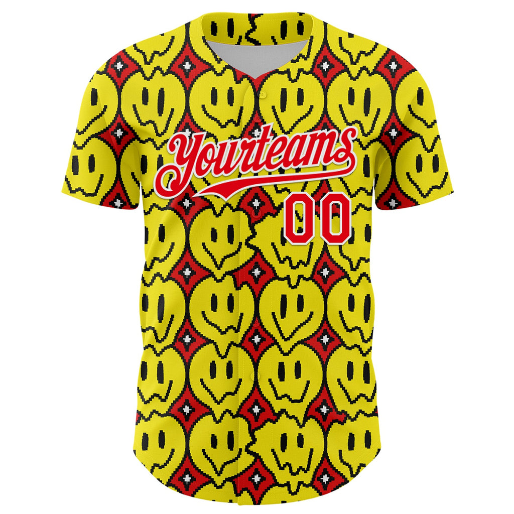 Custom Fire Red White 3D Pattern Design Funny Cartoon Emoji Smile Face Authentic Baseball Jersey