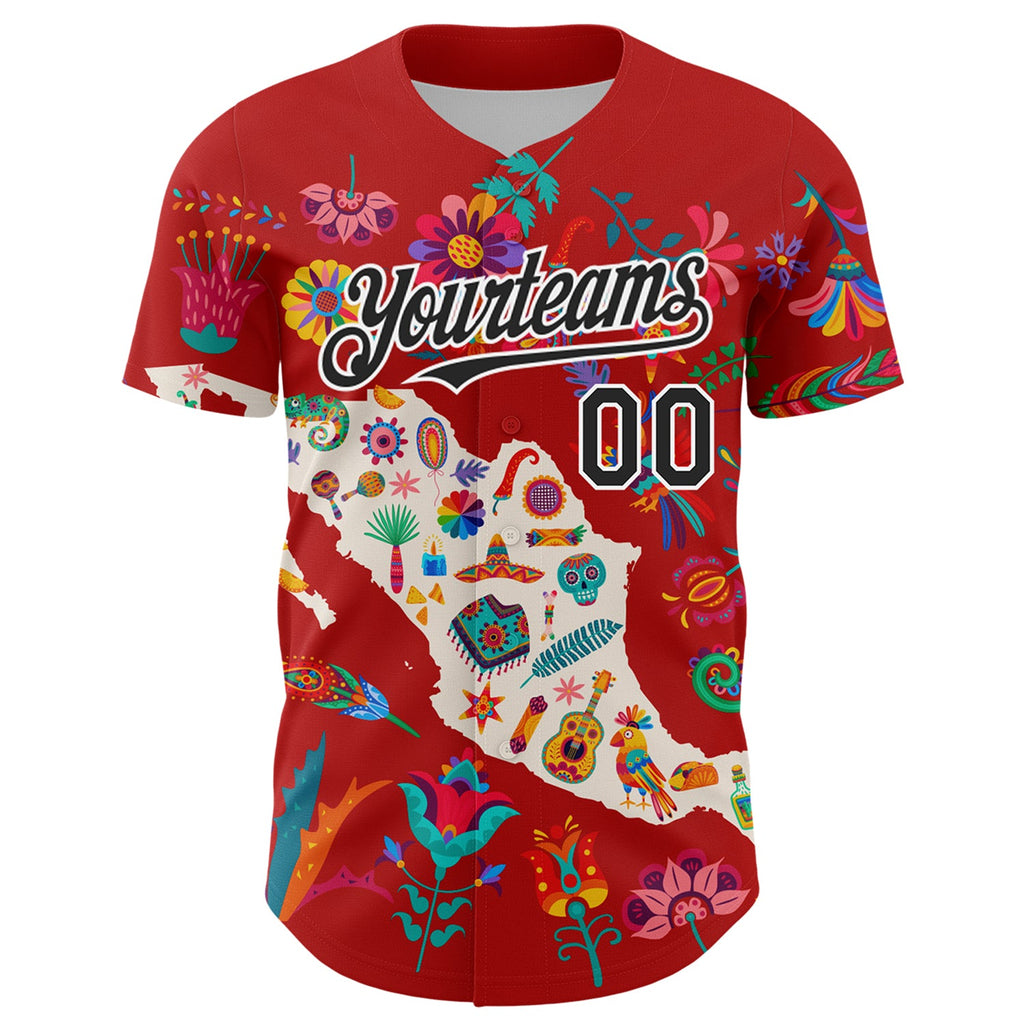 Custom Red Black-White 3D Mexico Map With Tropical Plant And Animal Authentic Baseball Jersey