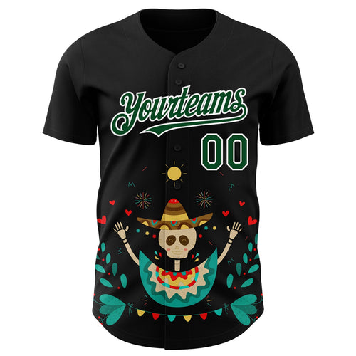Custom Black Green-White 3D Mexican Festival Flower Skull With Sombrero Cinco de Mayo Authentic Baseball Jersey