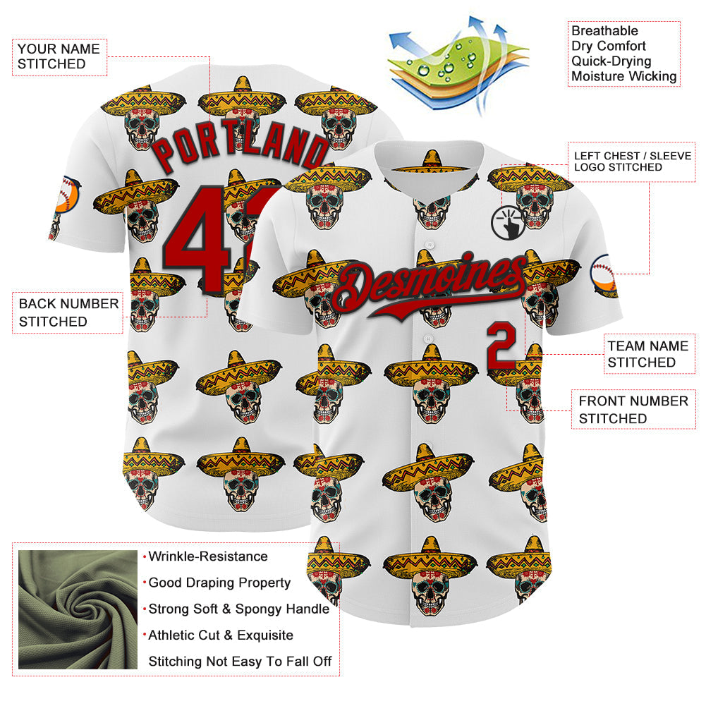 Custom White Red-Black 3D Mexican Festival Skull With Sombrero Cinco de Mayo Authentic Baseball Jersey