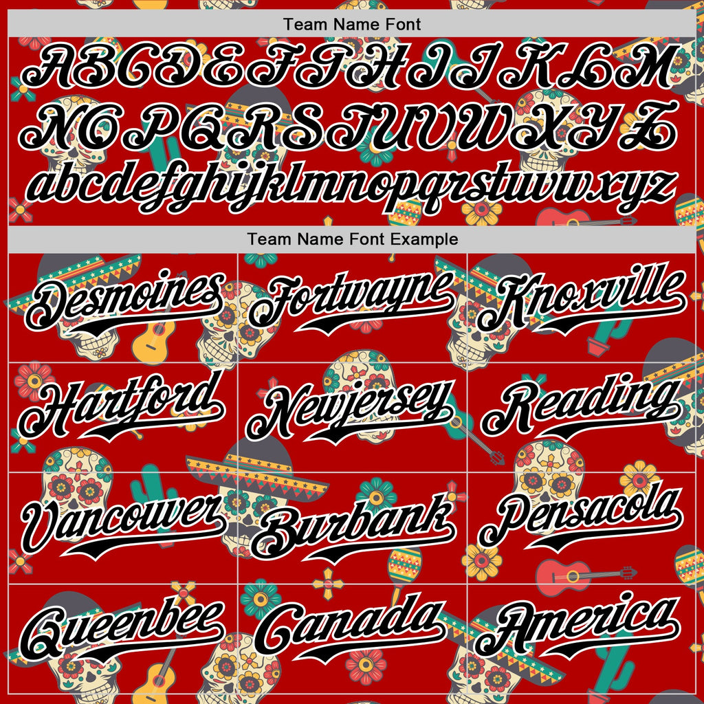 Custom Red Black-White 3D Mexican Festival Cactus Skull With Sombrero Cinco de Mayo Authentic Baseball Jersey