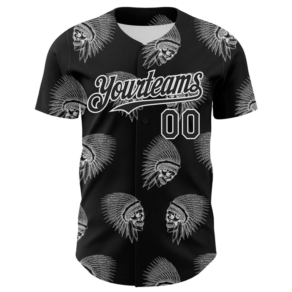 Custom Black White 3D Apache Skull Authentic Baseball Jersey