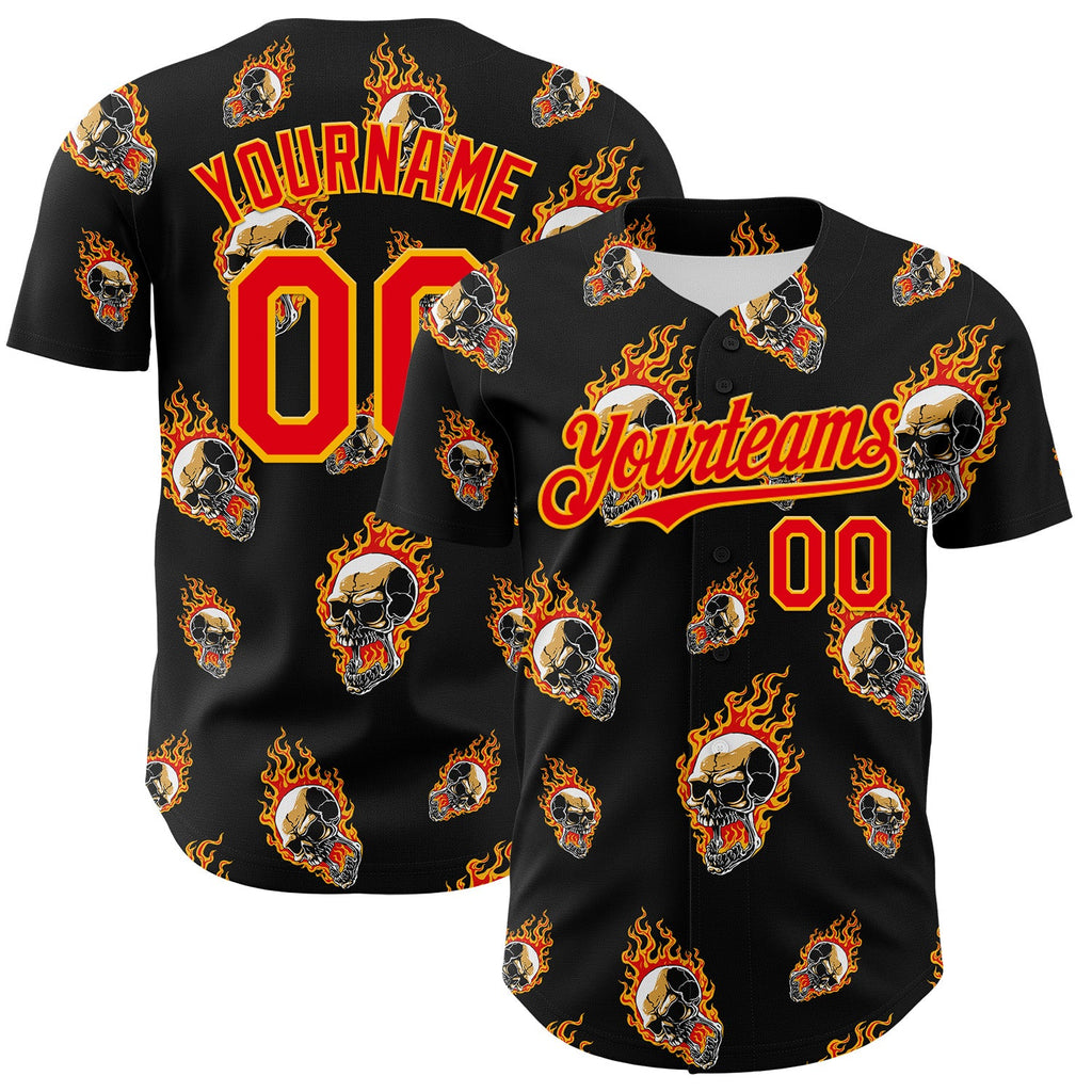 Custom Black Fire Red-Gold 3D Flame Skull Authentic Baseball Jersey
