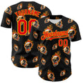 Custom Black Fire Red-Gold 3D Flame Skull Authentic Baseball Jersey