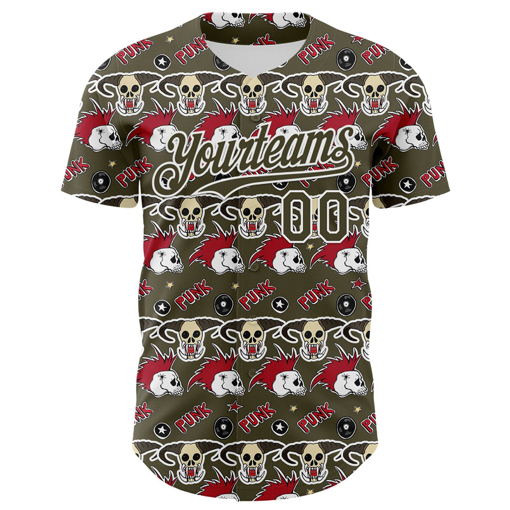 Custom Olive White 3D Punk Rock Skull Authentic Baseball Jersey