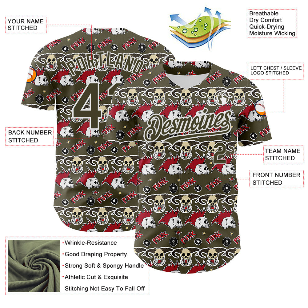 Custom Olive White 3D Punk Rock Skull Authentic Baseball Jersey