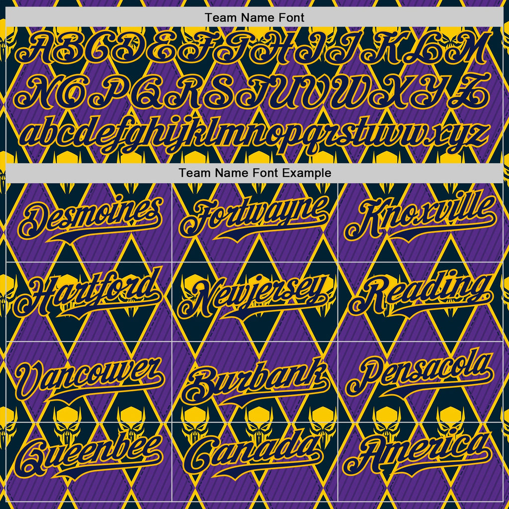 Custom Purple Navy-Gold 3D Skull Authentic Baseball Jersey