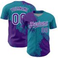 Custom Purple Teal-White 3D Pattern Design Abstract Brush Stroke Authentic Baseball Jersey