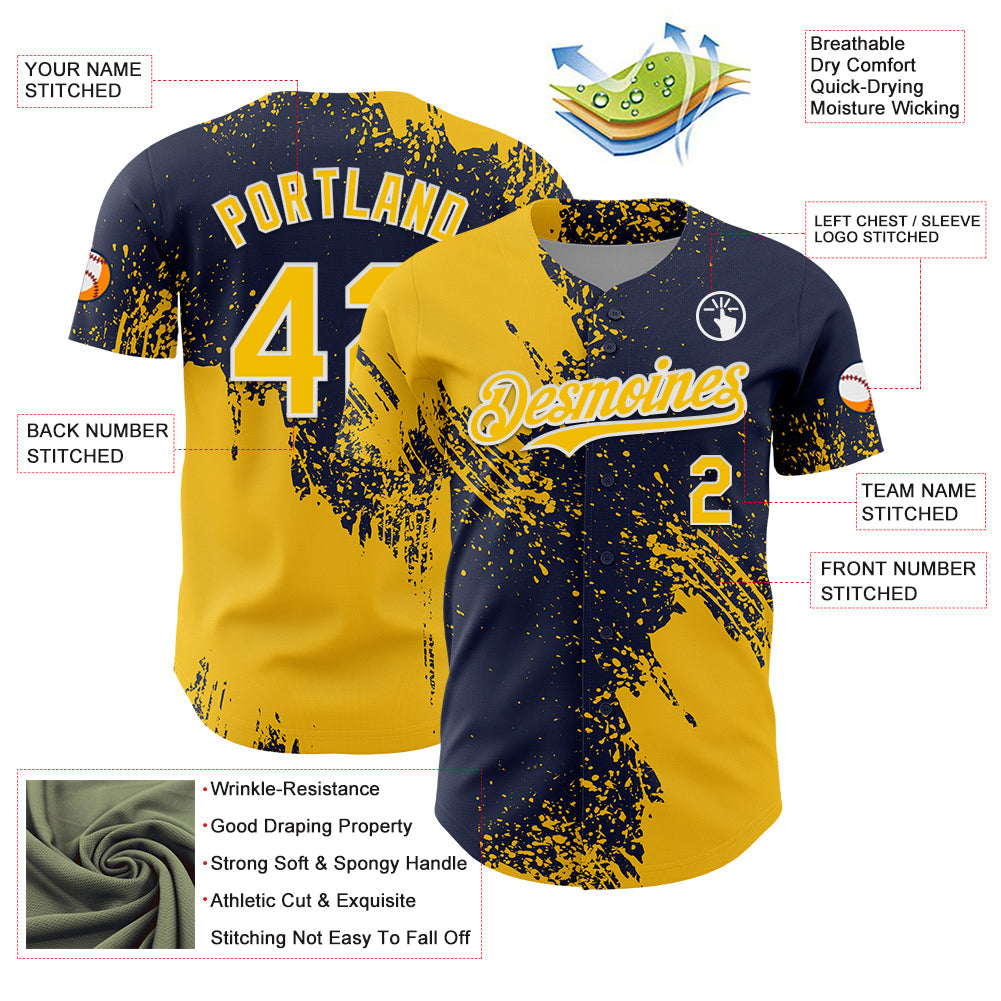 Custom Yellow Navy-White 3D Pattern Design Abstract Brush Stroke Authentic Baseball Jersey