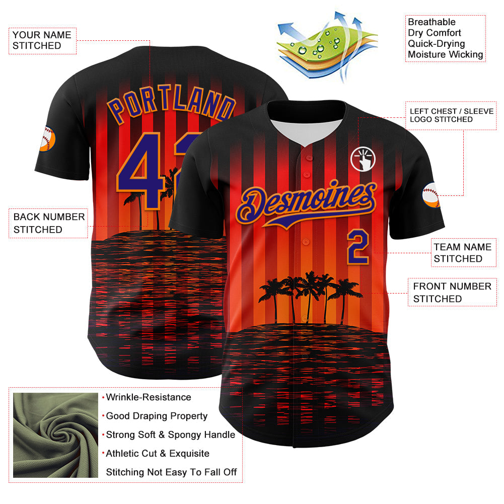 Custom Black Dark Purple-Bay Orange 3D Pattern Design Rave Psychedelic Tropical Palm Tree Authentic Baseball Jersey