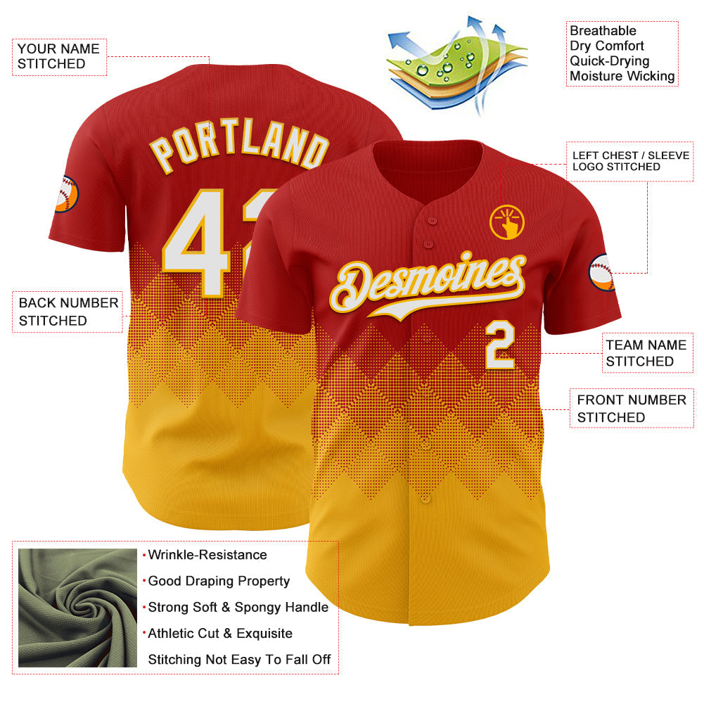 Custom Red White-Gold 3D Gradient Square Shape Authentic Baseball Jersey