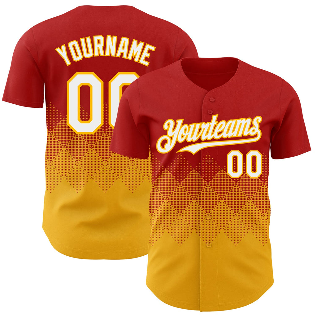 Custom Red White-Gold 3D Gradient Square Shape Authentic Baseball Jersey