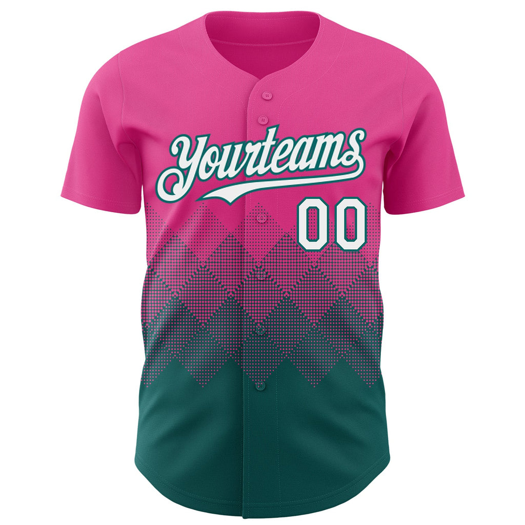 Custom Pink White-Teal 3D Gradient Square Shape Authentic Baseball Jersey