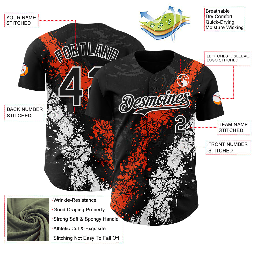 Custom Black Orange-White Splash Authentic Baseball Jersey