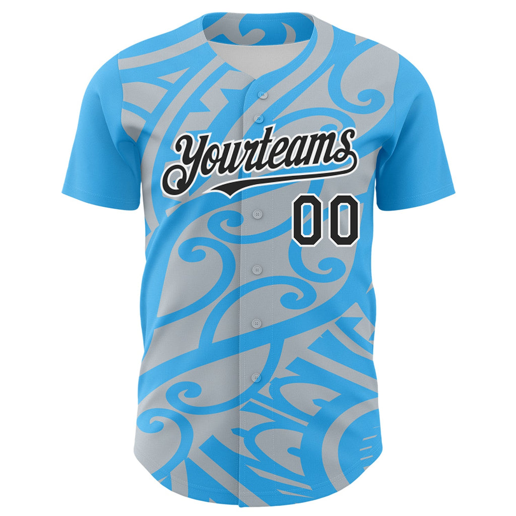 Custom Sky Blue Black Silver-White 3D Polynesian Style Islander Authentic Baseball Jersey