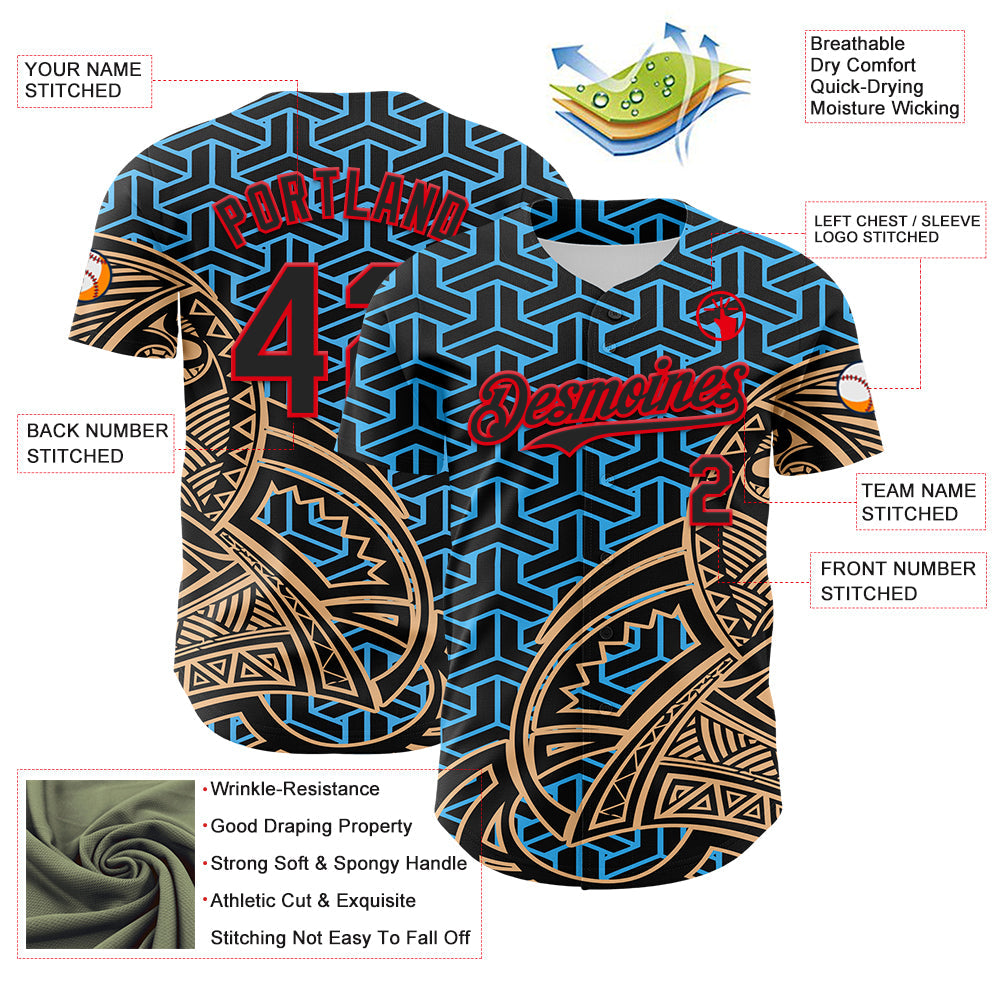 Custom Black Sky Blue Old Gold-Fire Red 3D Polynesian Style Islander Authentic Baseball Jersey