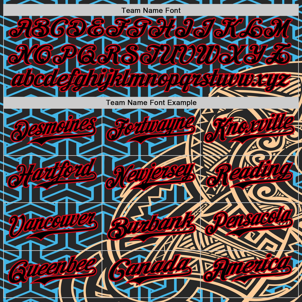 Custom Black Sky Blue Old Gold-Fire Red 3D Polynesian Style Islander Authentic Baseball Jersey