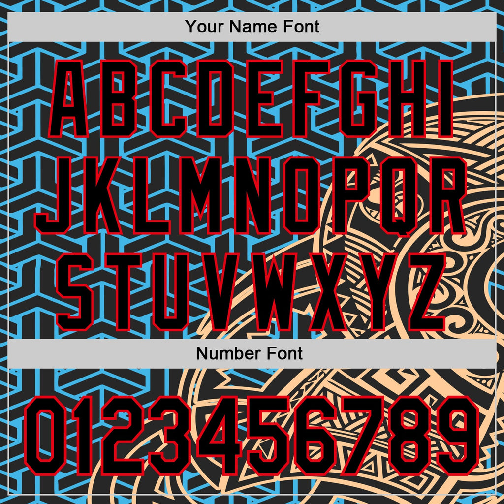 Custom Black Sky Blue Old Gold-Fire Red 3D Polynesian Style Islander Authentic Baseball Jersey