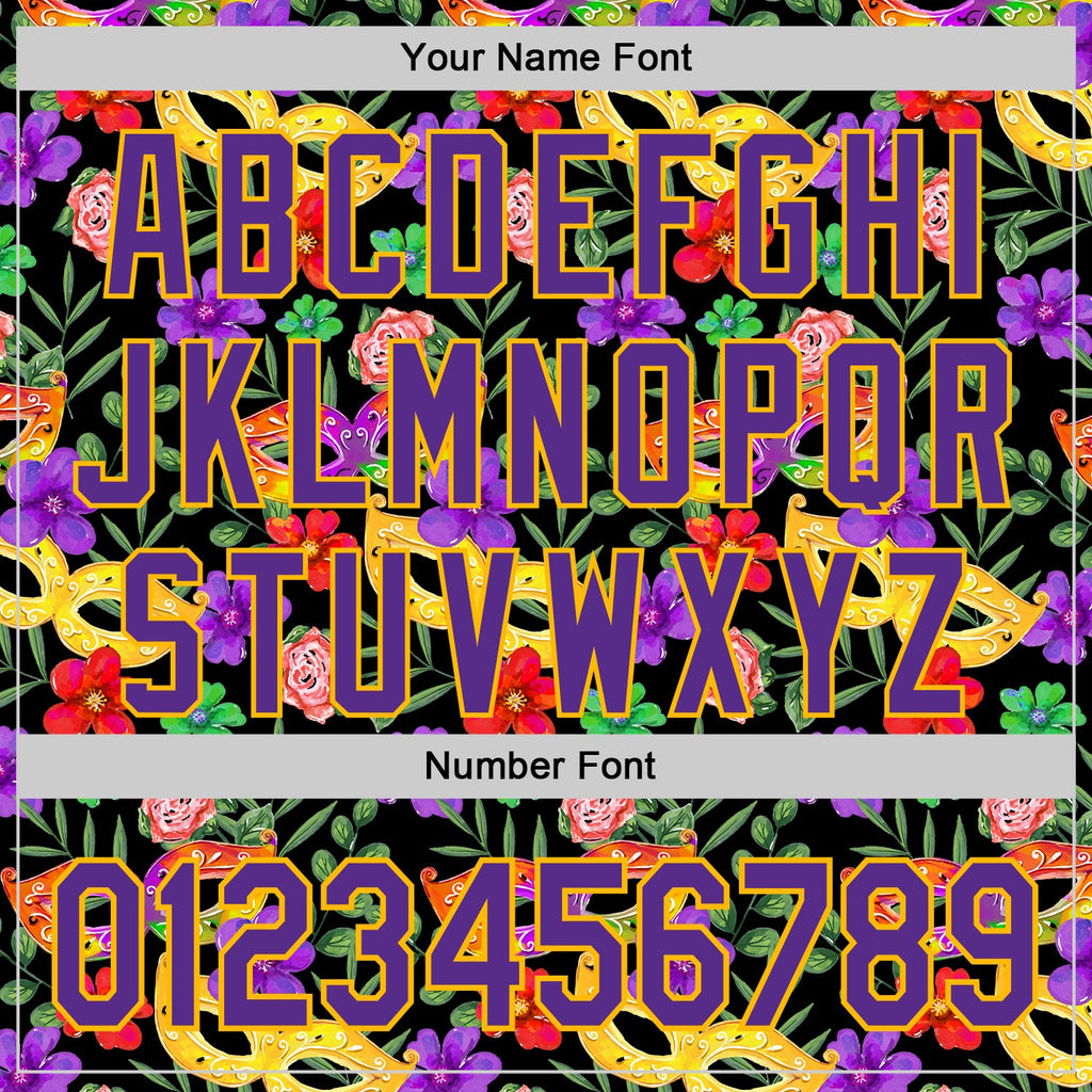 Custom Black Purple-Gold 3D Pattern Design Mardi Gras Shrove Tuesday Authentic Baseball Jersey