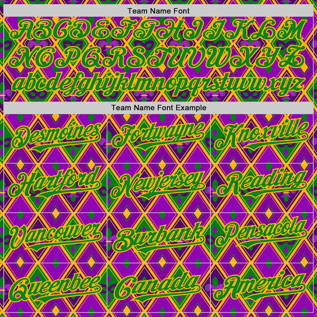 Custom Purple Grass Green-Gold 3D Pattern Design Mardi Gras Shrove Tuesday Authentic Baseball Jersey